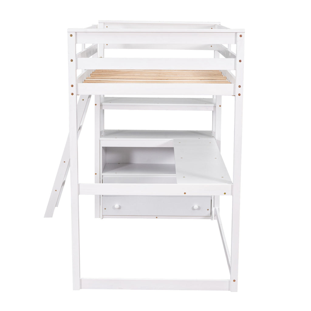 Modern Loft Bed With Built In Desk, Shelves, And 2 Drawers