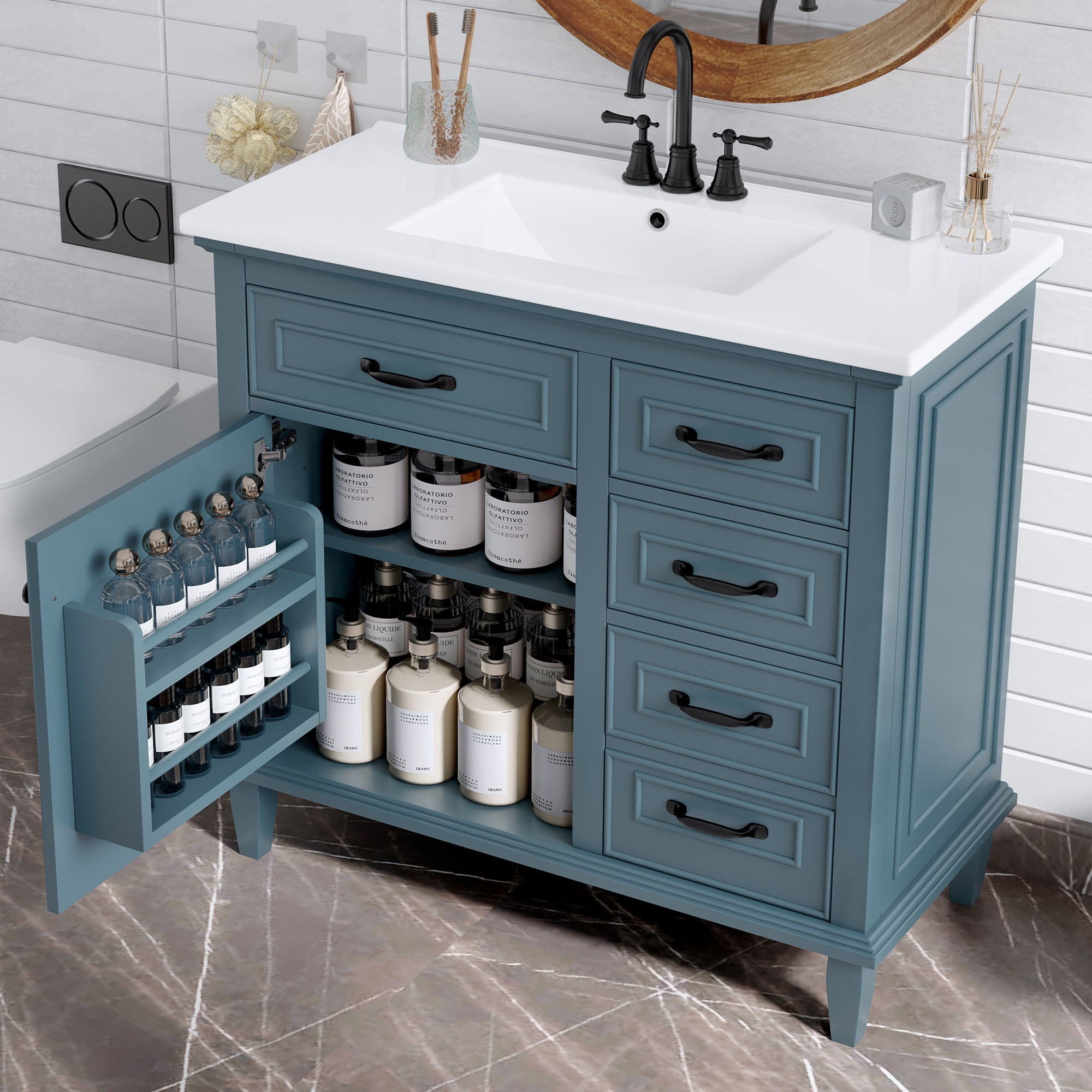 Modern Bathroom Vanity With Sink Top, Flip Drawers, Adjustable Shelf