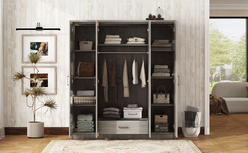 4 Door Wardrobe With 1 Drawer - Gray