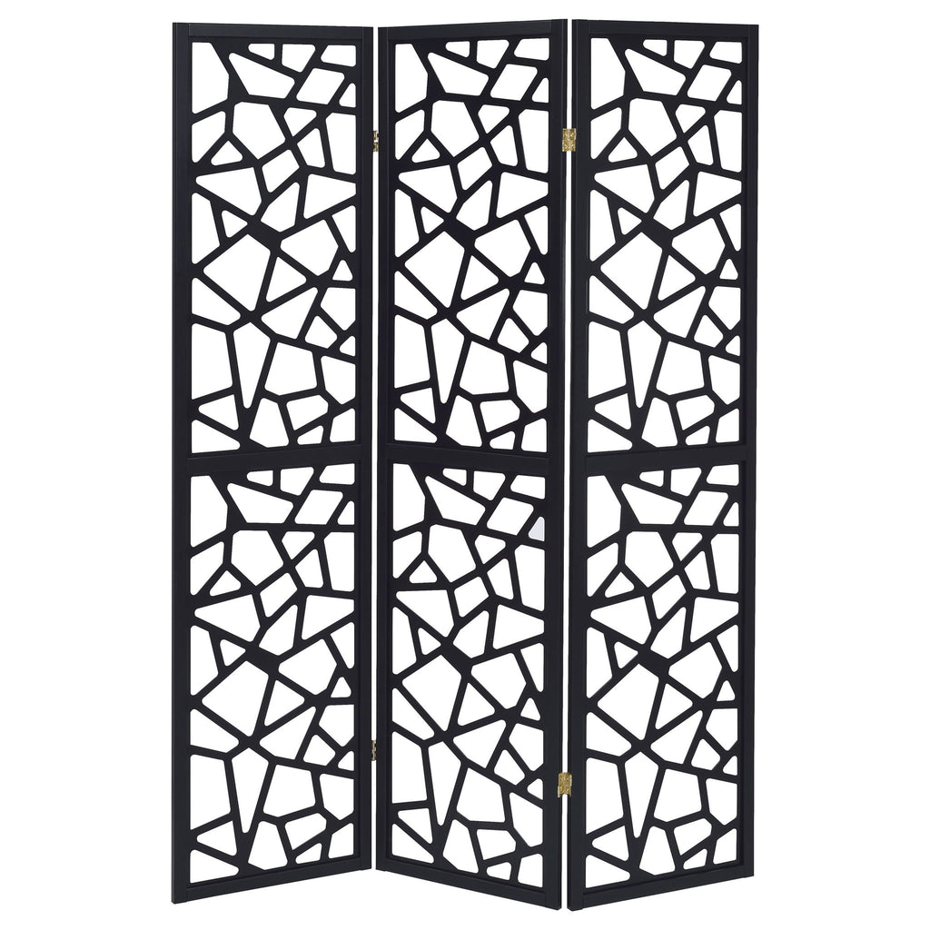 3 Panel Folding Screen With Mosaic Cutout Design - Black