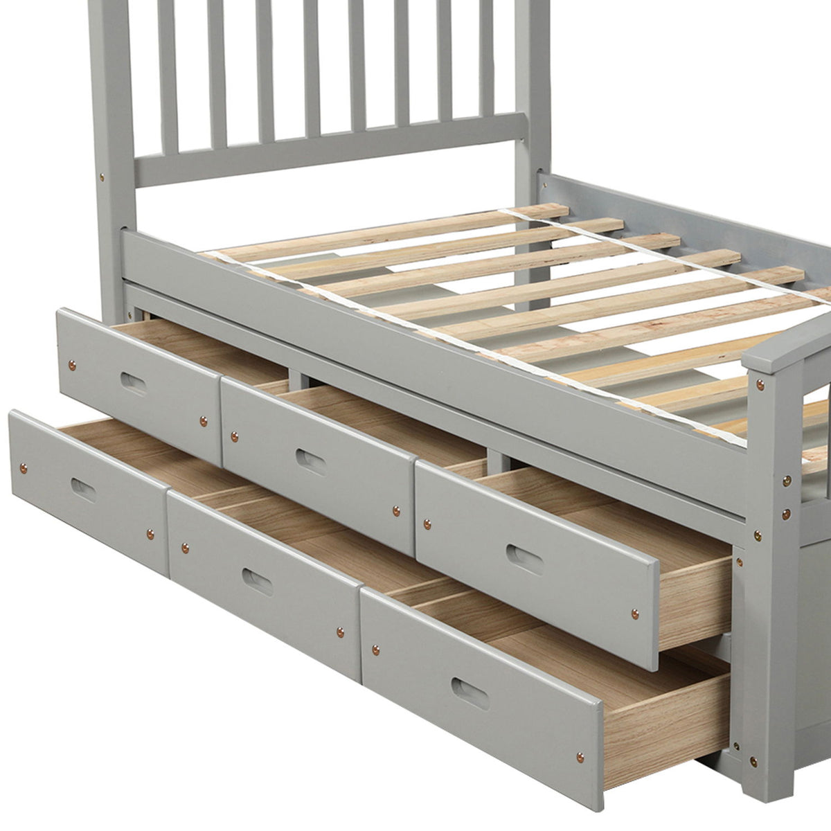 Twin Size Platform Storage Bed Solid Wood Bed With 6 Drawers - Gray