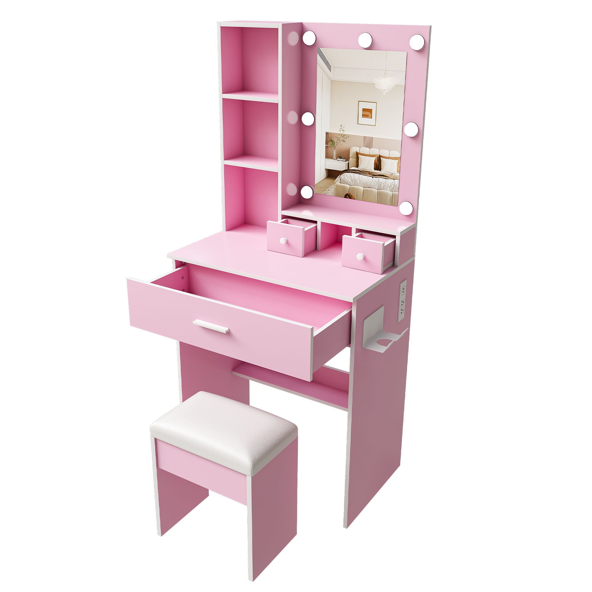 Vanity Table With Mirror, Adjustable LED Lights, Power Outlet, Hairdryer Holder & Stool