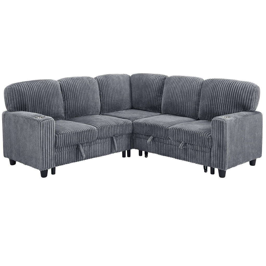 L-Shaped Sectional Sofa Bed With Pull Out Bed & Storage, 5 Seat Sleeper Couch With USB Charging For Living Room - Gray