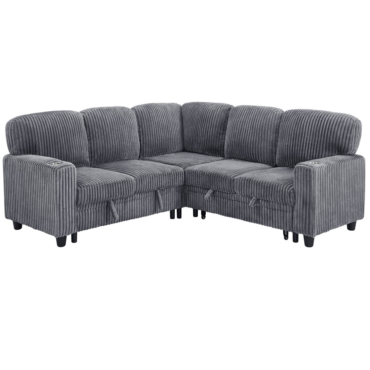 L-Shaped Sectional Sofa Bed With Pull Out Bed & Storage, 5 Seat Sleeper Couch With USB Charging For Living Room - Gray