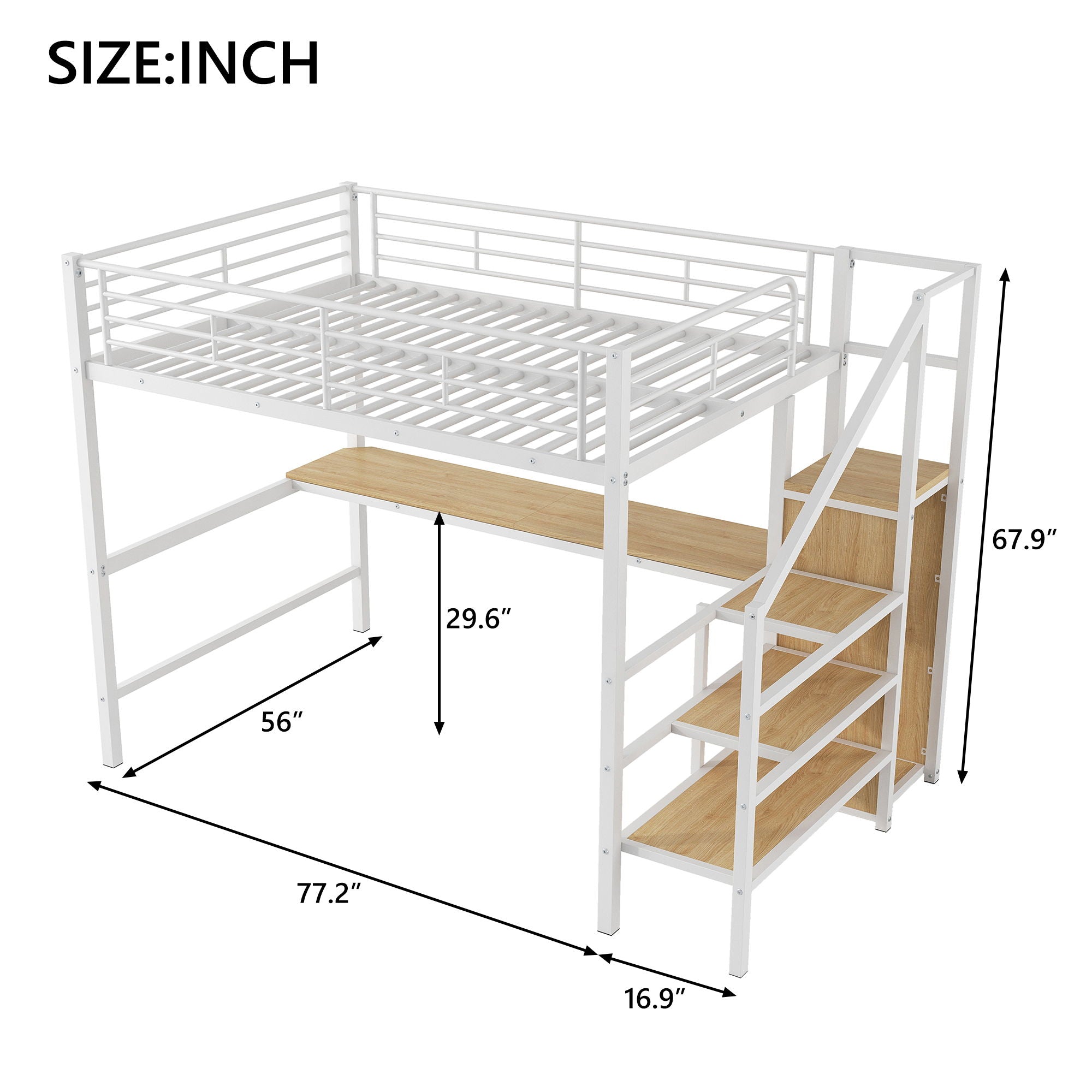 Loft Bed With Desk, Storage Staircase, Small Wardrobe And LED Light