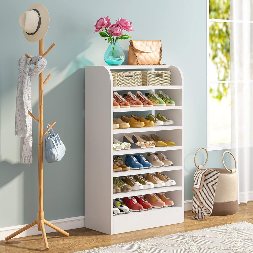 8 Tier Tall Shoe Rack, Wooden Shoe Storage Cabinet, Entryway Organizer - White