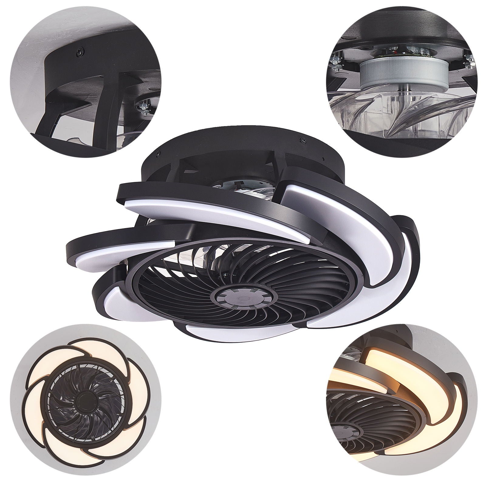 Bladeless Ceiling Fan With Remote Control, 6 Speeds Dimmable Light, Enclosed Low Profile For Living Room - Black