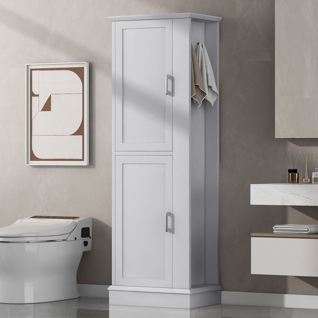 Tall Freestanding Bathroom Storage Cabinet With Adjustable Shelves And Side Hooks