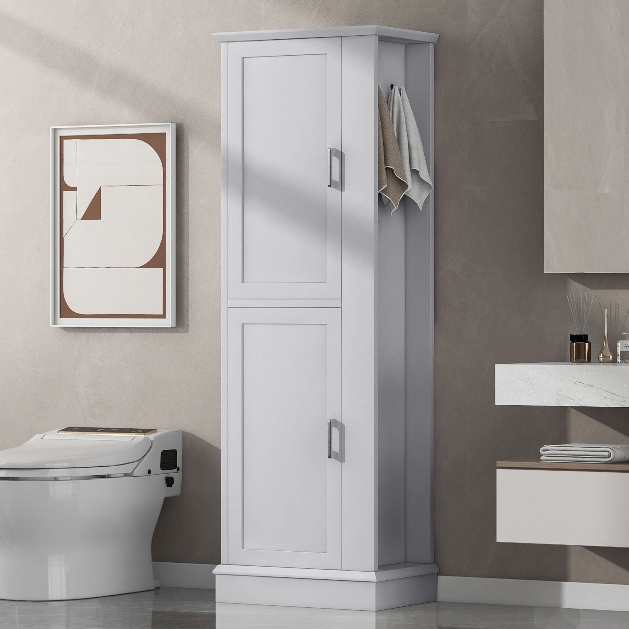 Tall Freestanding Bathroom Storage Cabinet With Adjustable Shelves And Side Hooks