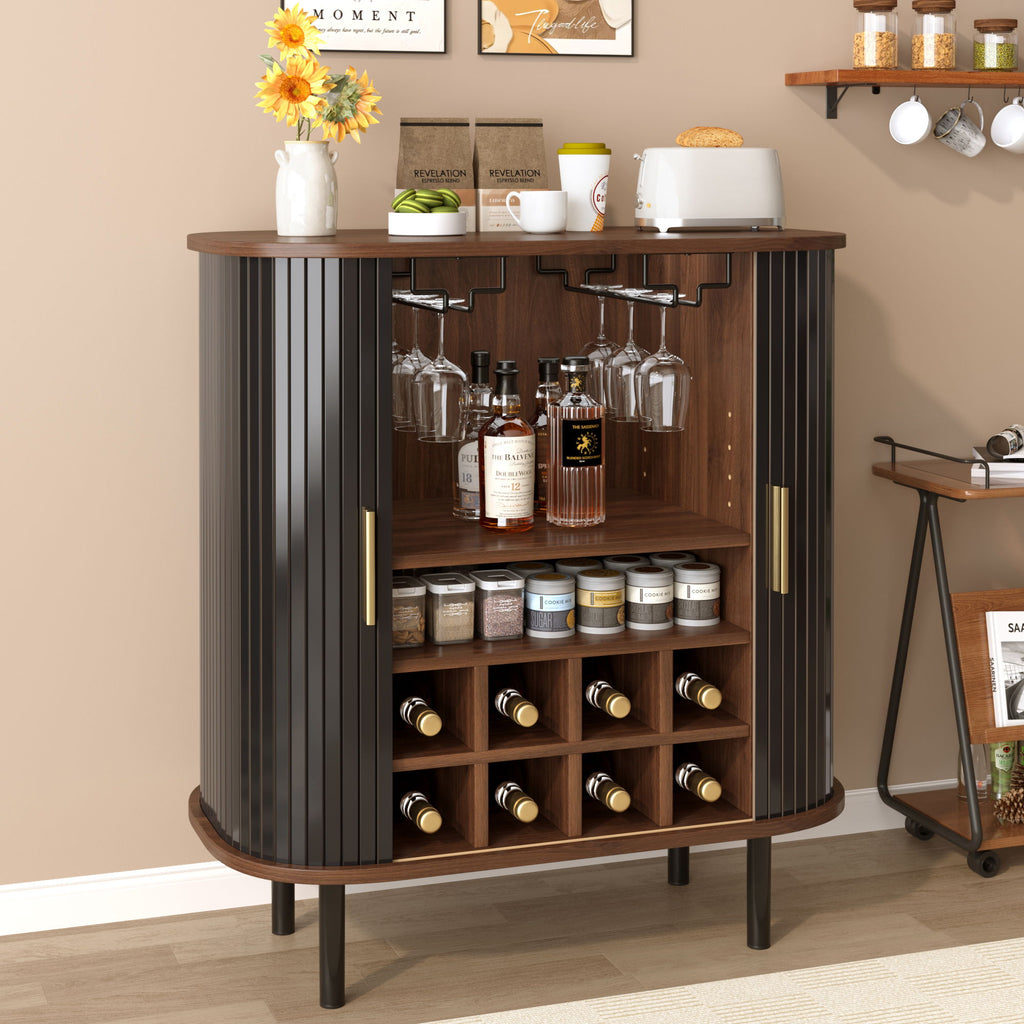 Fluted Wine Bar Cabinet With 8 Grid Wine Rack, 5 Level Adjustable Shelves, 2 Glass Holders
