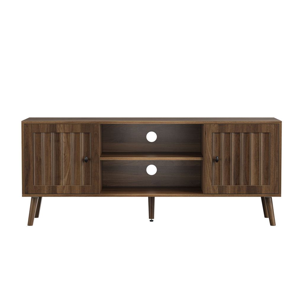 55" TV Cabinet With Vertical Groove Doors, Adjustable Shelves - Walnut