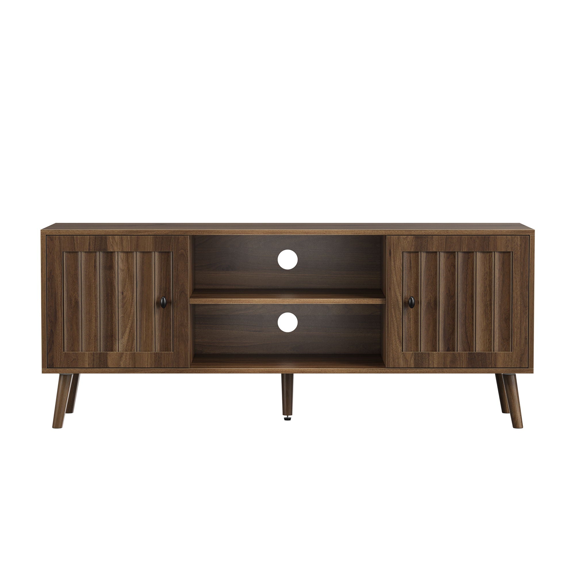 55" TV Cabinet With Vertical Groove Doors, Adjustable Shelves - Walnut