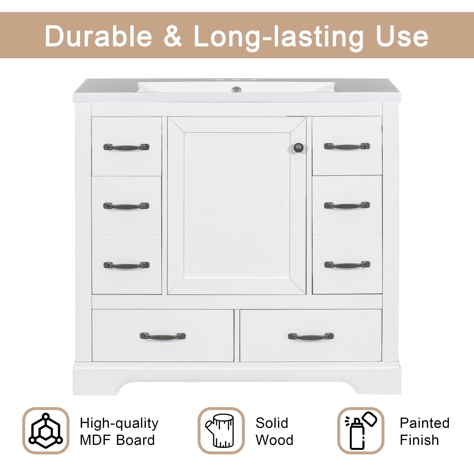 Modern Bathroom Vanity With Sink, 6 Drawers, Adjustable Shelf