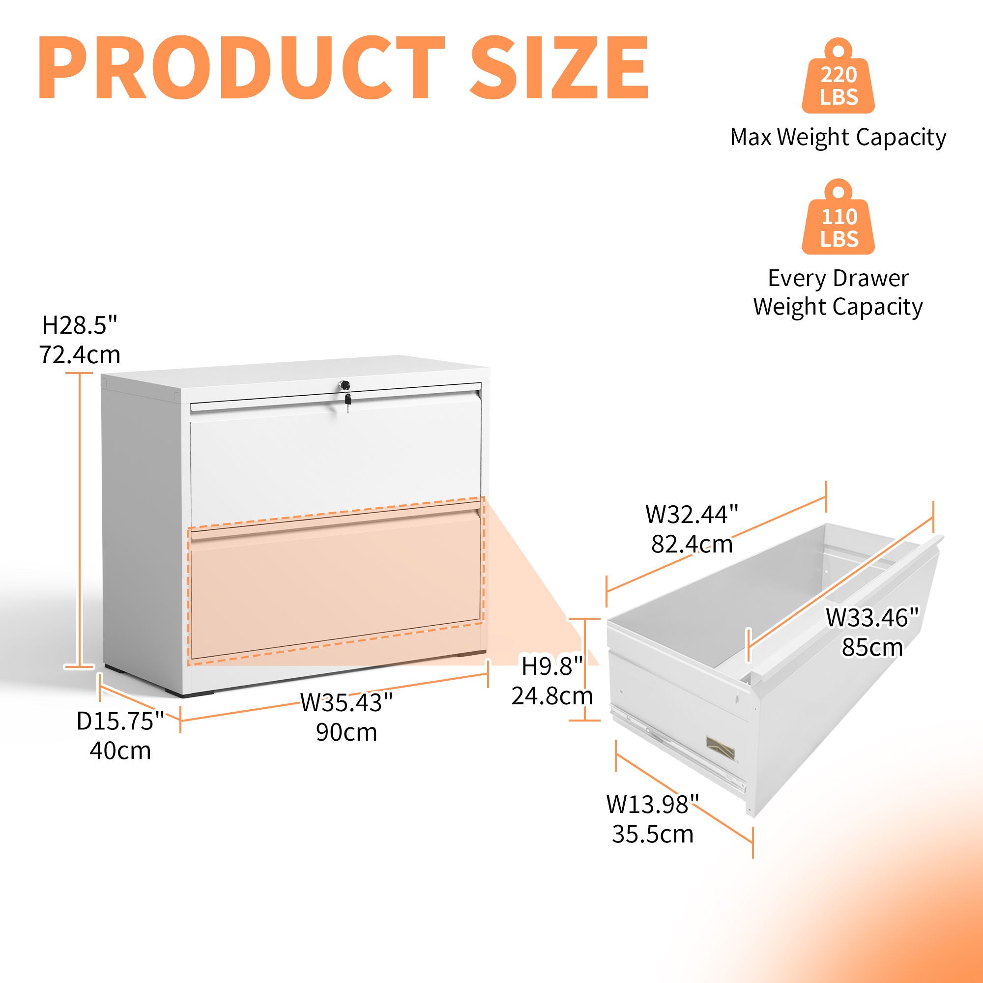Lateral File Cabinet 2 Drawer, Locking File Cabinet With Anti Tip Interlock, Heavy Duty Storage For Letter / Legal / A4 Files - White