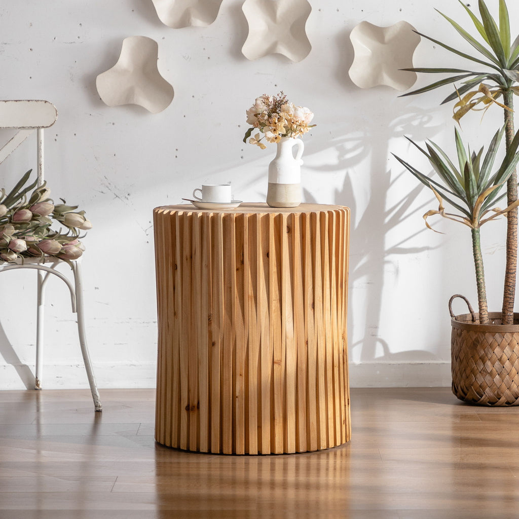 Cylindrical Side Table With Vertical Texture Relief Design - Natural