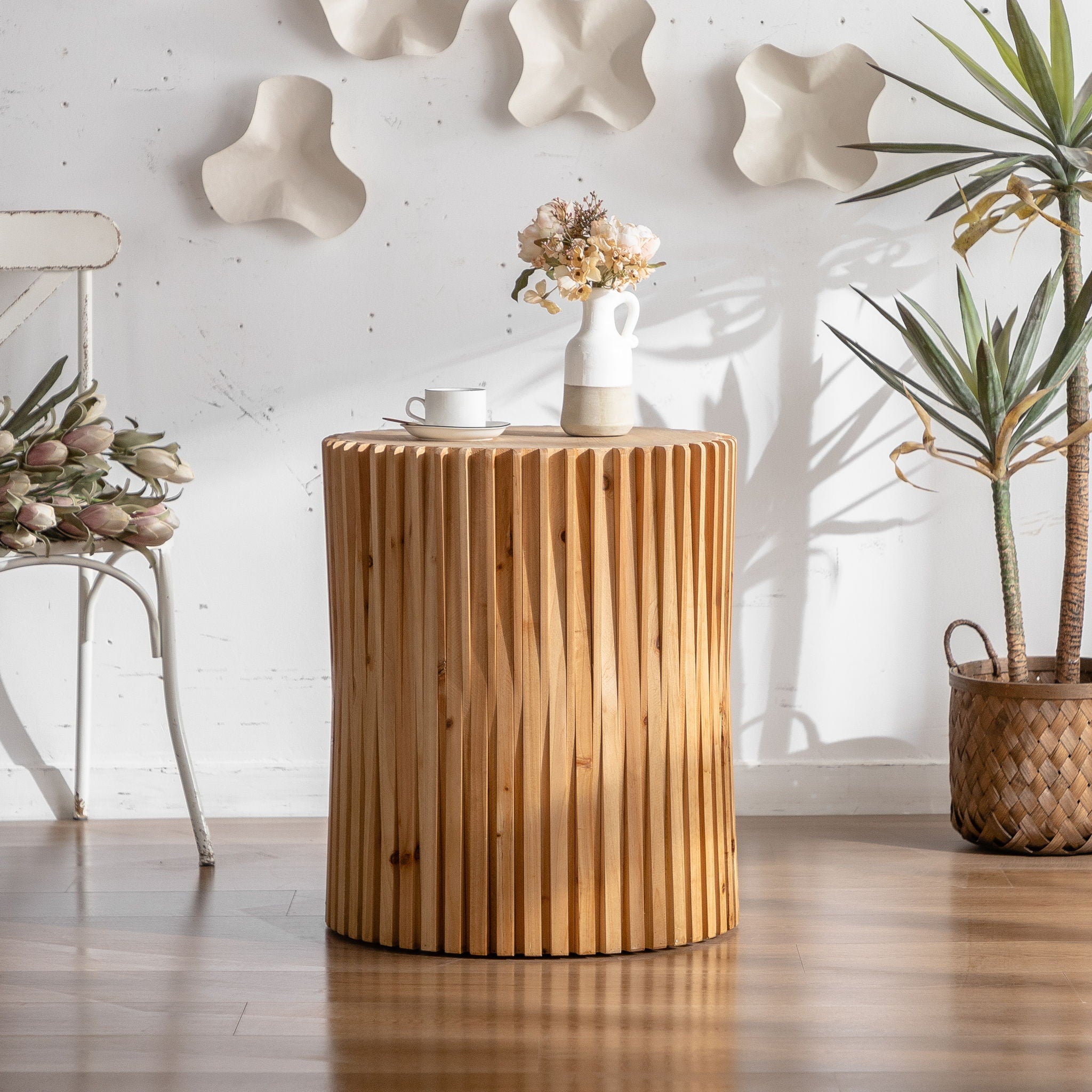 Cylindrical Side Table With Vertical Texture Relief Design - Natural