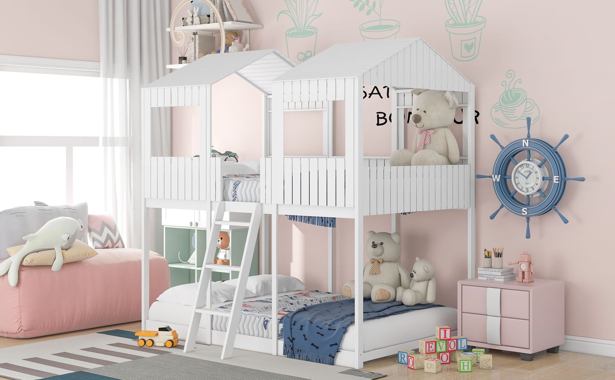 Bunk Bed With Roof, Window, Guardrail, Ladder
