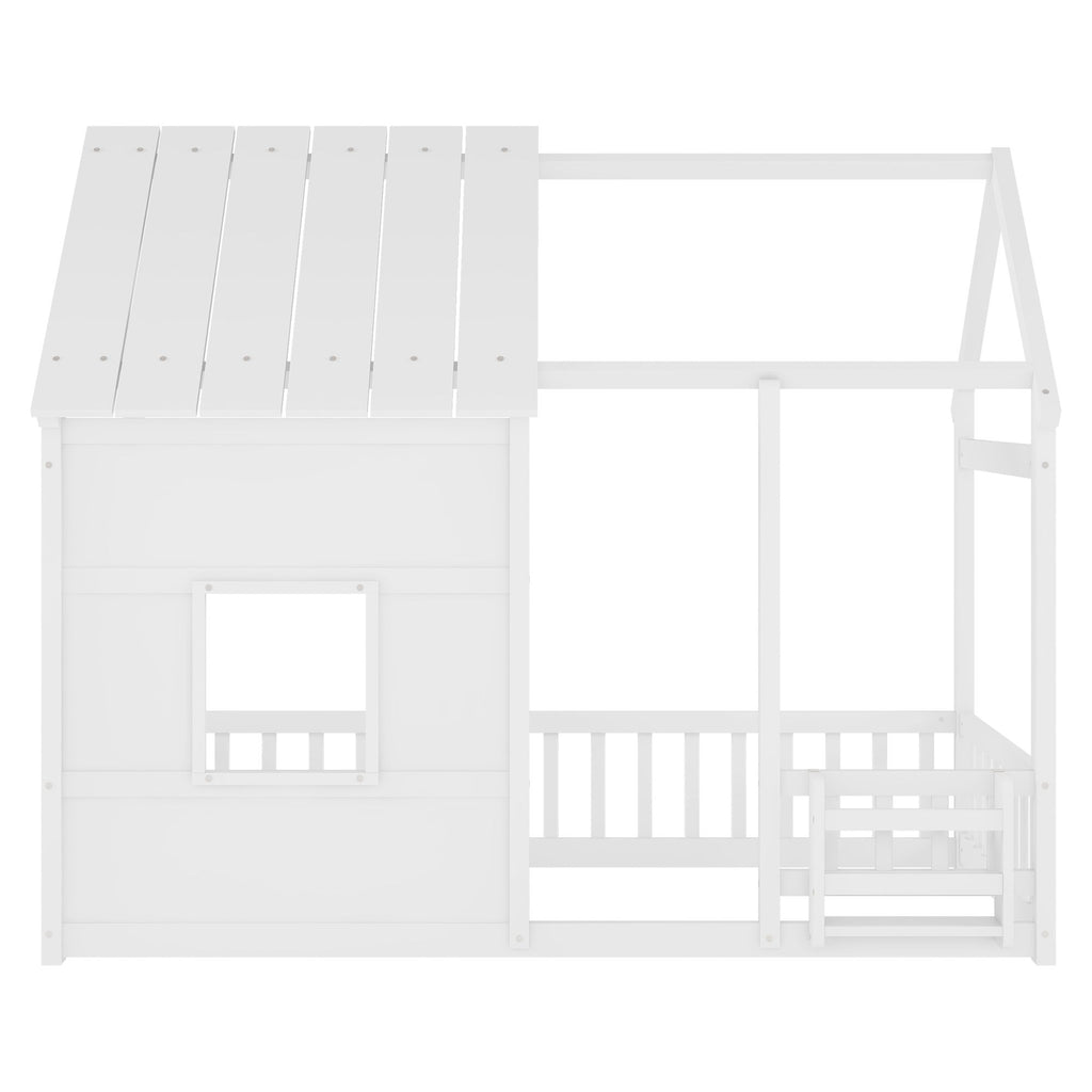 House Floor Bed With 7 Color LED Light, Built In Bookshelf