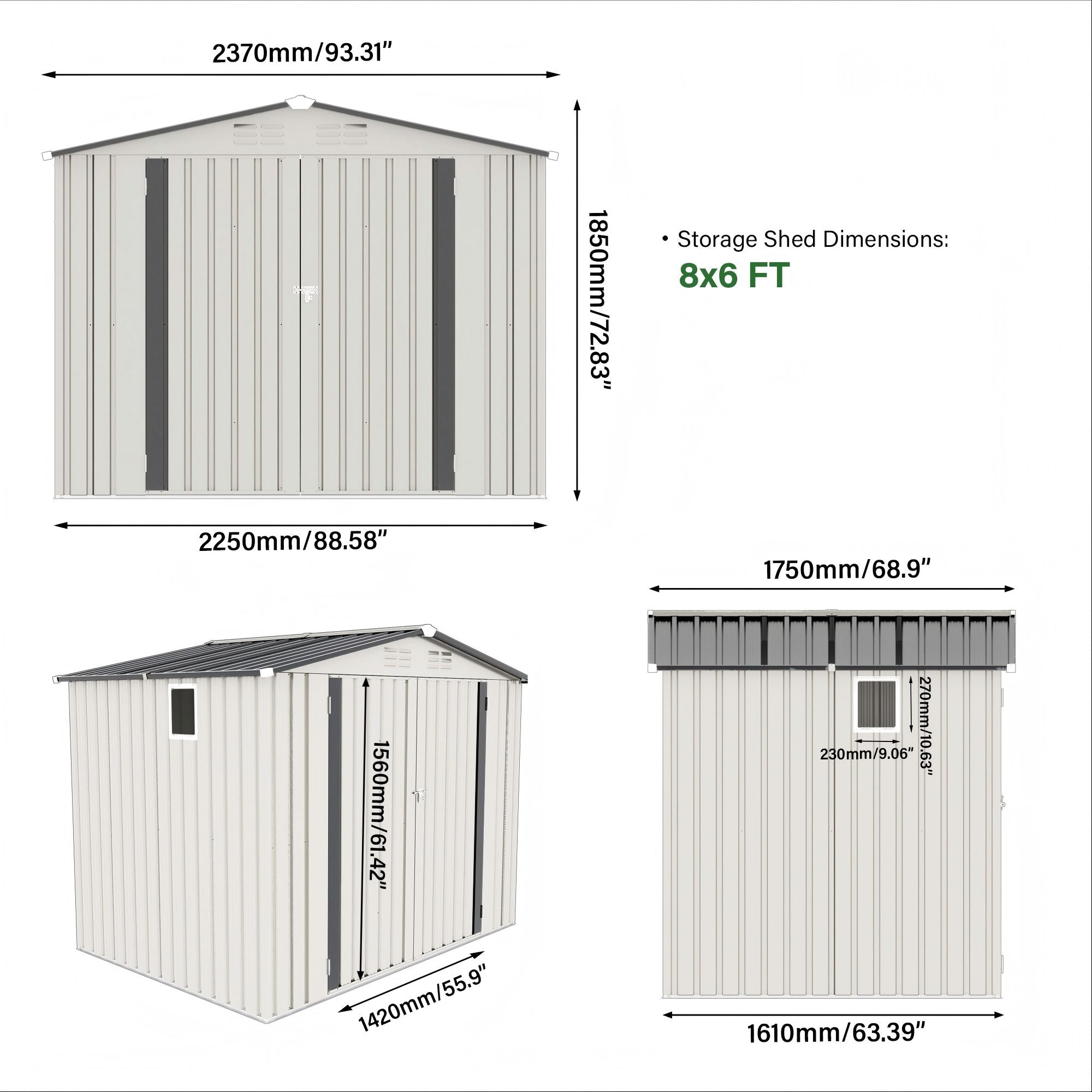 Outdoor Garden Storage Shed, Tool Shed With Pitched Roof Waterproof With 1 Window And 2 Lockable Door - White / Gray