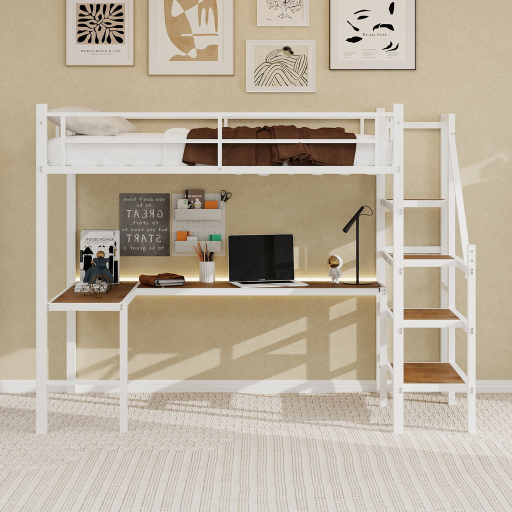 Loft Bed & L-Shaped Desk, Large Storage Space