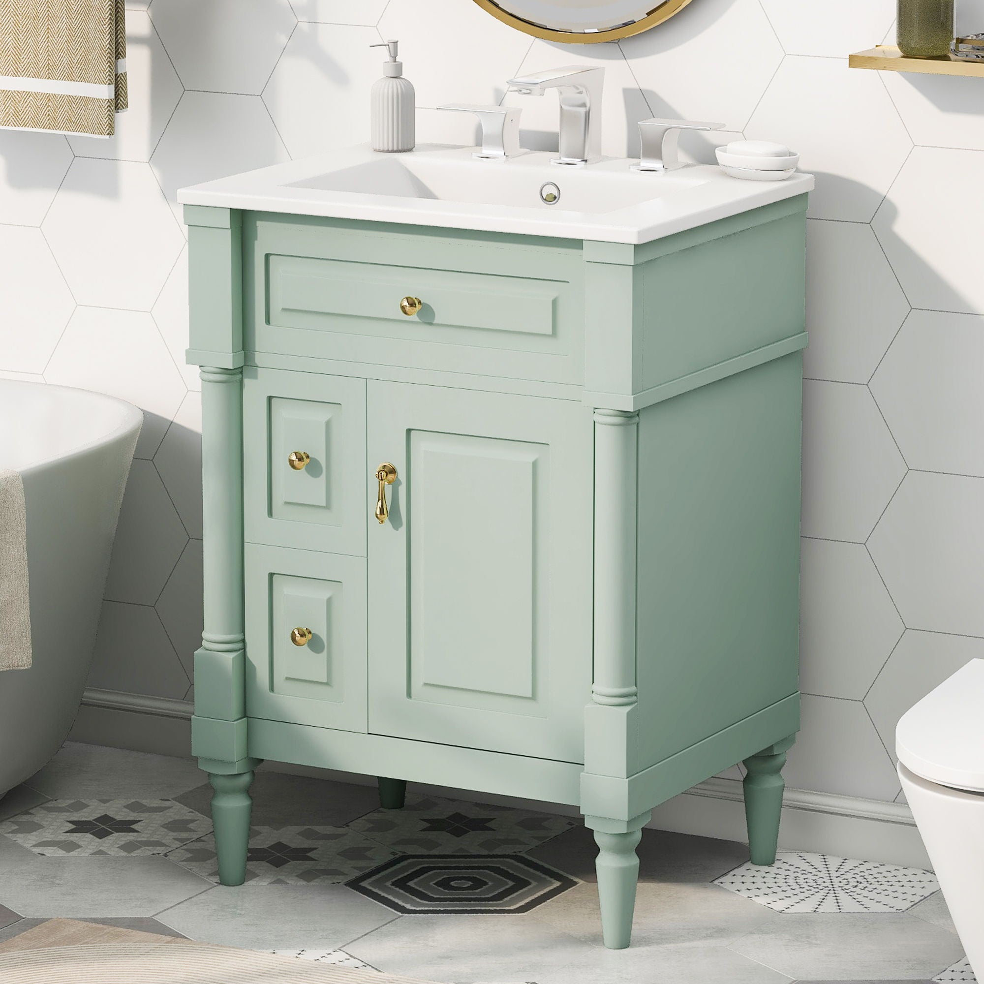 Freestanding Bathroom Vanity With Sink, Adjustable Shelf & Flip Drawer
