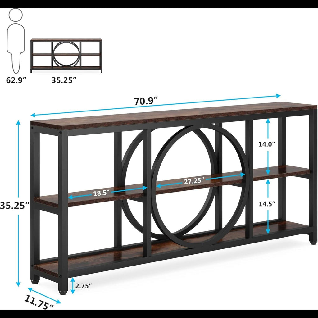 Extra Long Console Table With 3 Tier Open Shelves And Circular Frame - Brown / Black