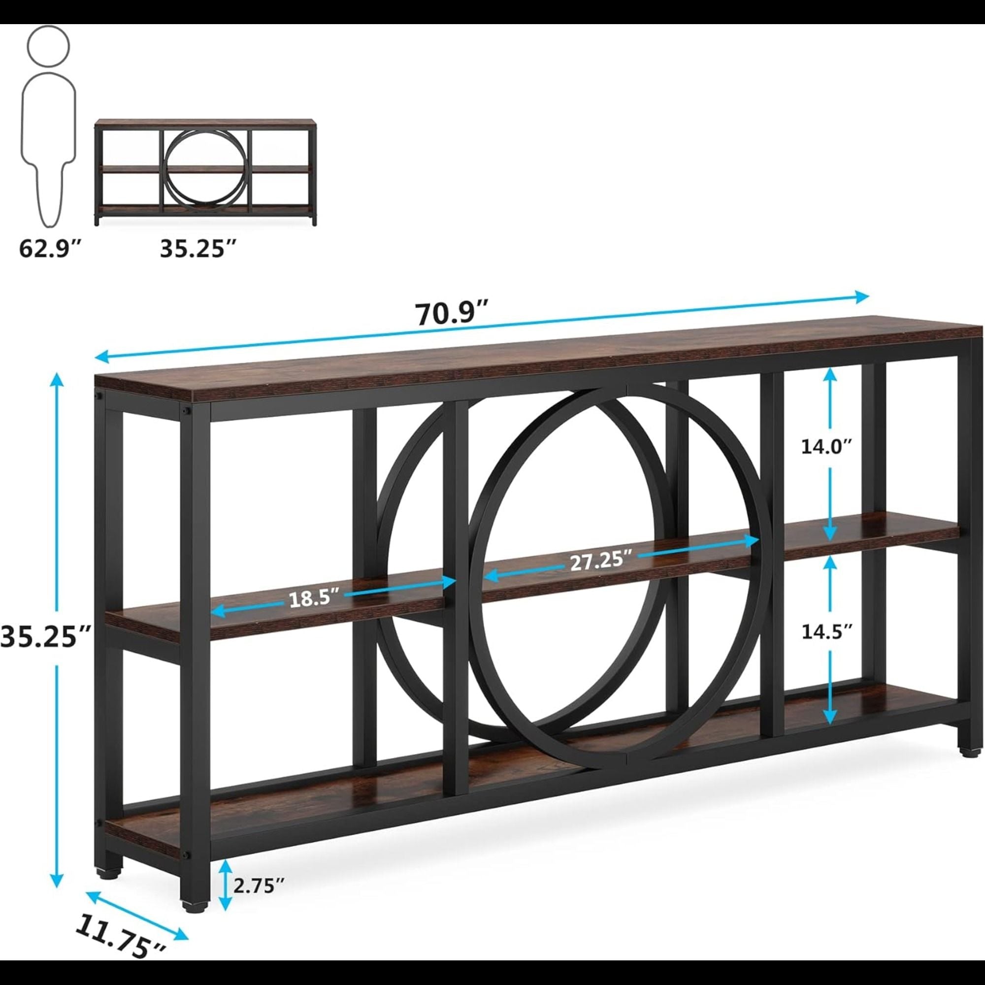 Extra Long Console Table With 3 Tier Open Shelves And Circular Frame - Brown / Black
