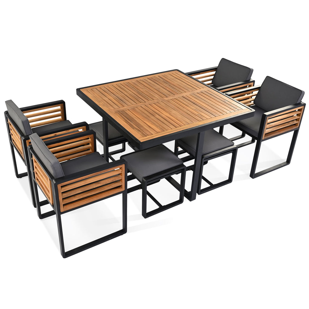 Acacia Wood Patio Dining Set, Cushioned Chairs & Ottomans Square Table