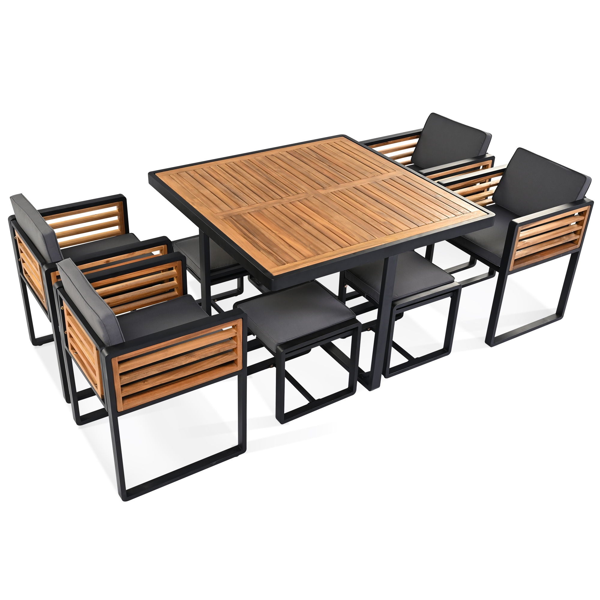 Acacia Wood Patio Dining Set, Cushioned Chairs & Ottomans Square Table