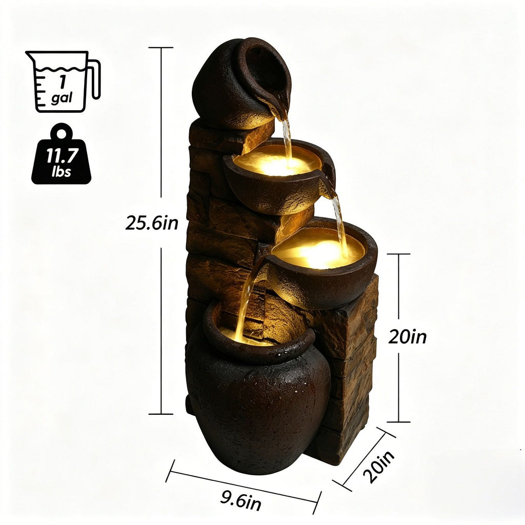Tiered Outdoor Garden Water Fountain With Warm LED Lights - Brown