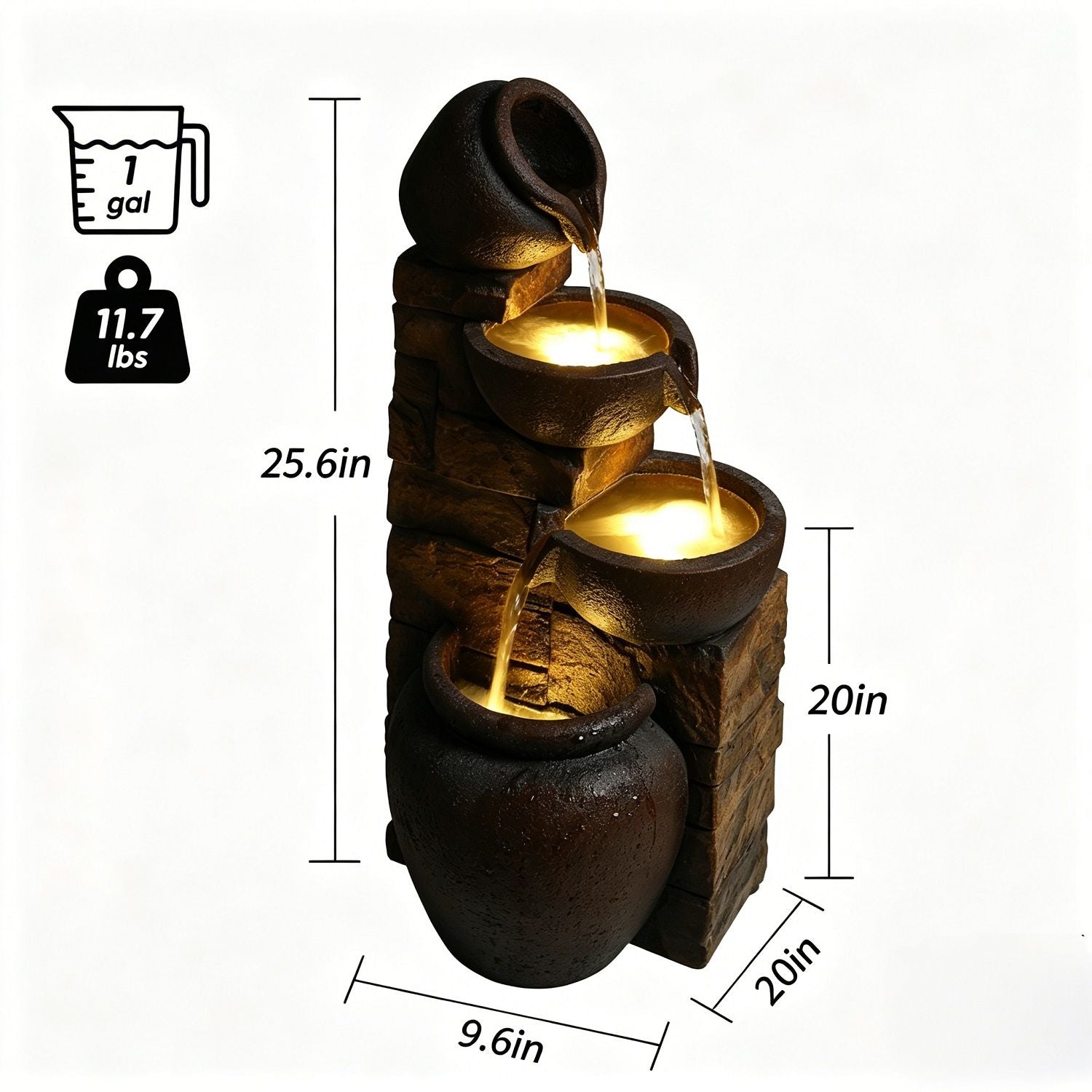 Tiered Outdoor Garden Water Fountain With Warm LED Lights - Brown