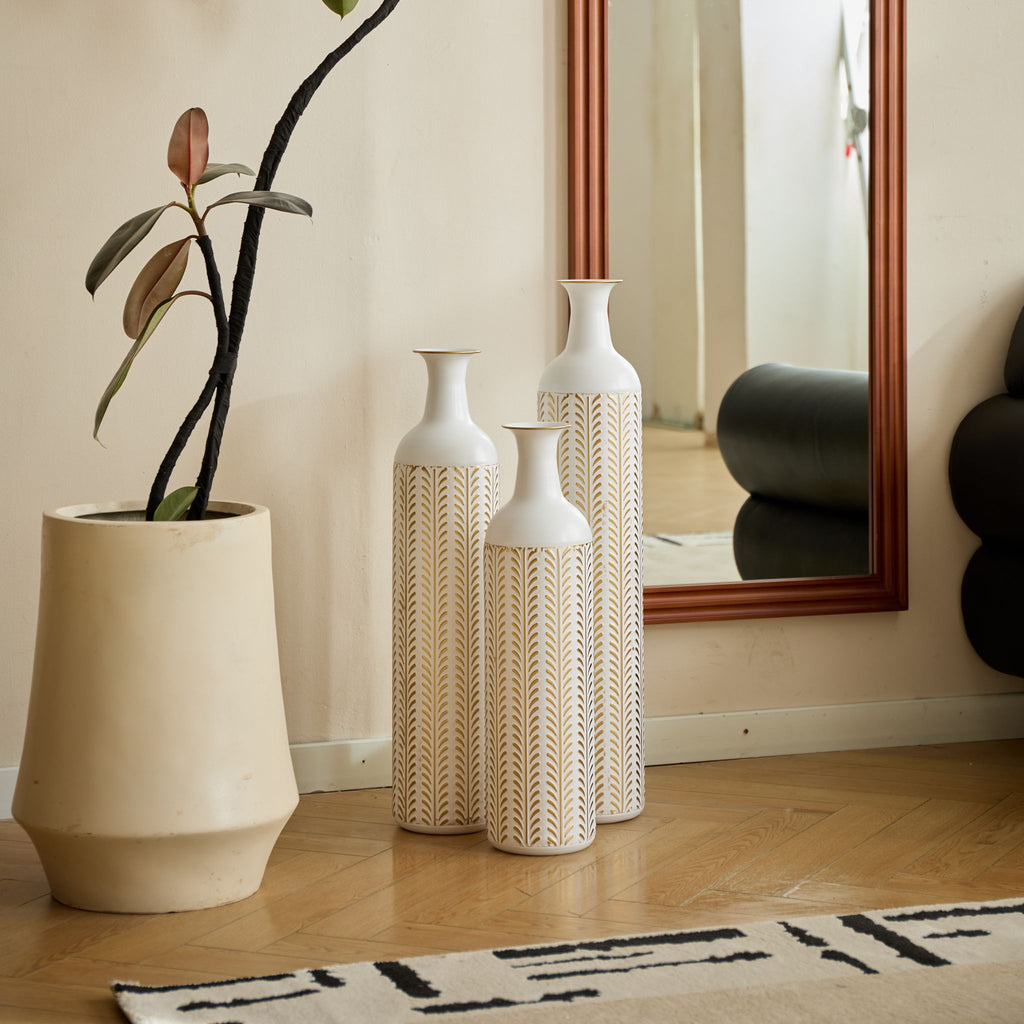 Floor Metal Vase Modern Style Decoration Home Metal Vase 3 Piece Set Gorgeous Home Decoration Large Glazed Metal Vase - Gold / White
