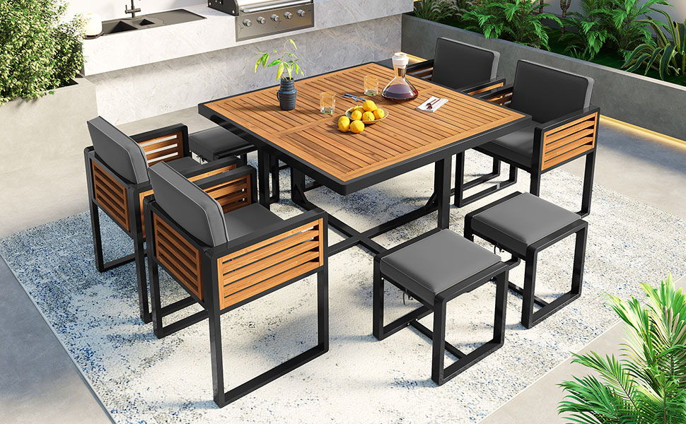 Acacia Wood Patio Dining Set, Cushioned Chairs & Ottomans Square Table