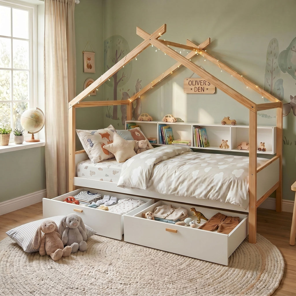 House Bed With Bookshelf Storage