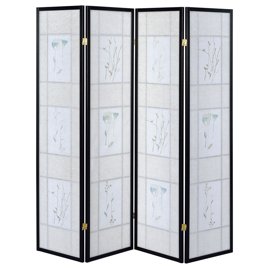 4 Panel Folding Screen With Floral Motif - Black