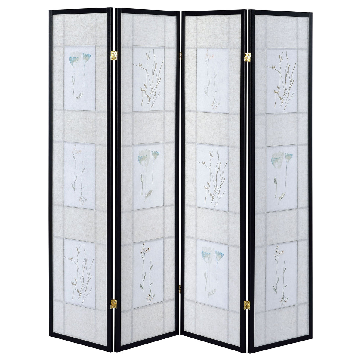 4 Panel Folding Screen With Floral Motif - Black