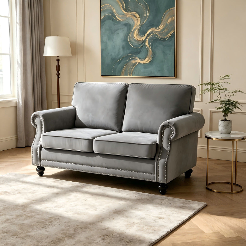 Loveseat Sofa With Nailhead Detail & Turned Legs, 2 Seater Upholstered Couch