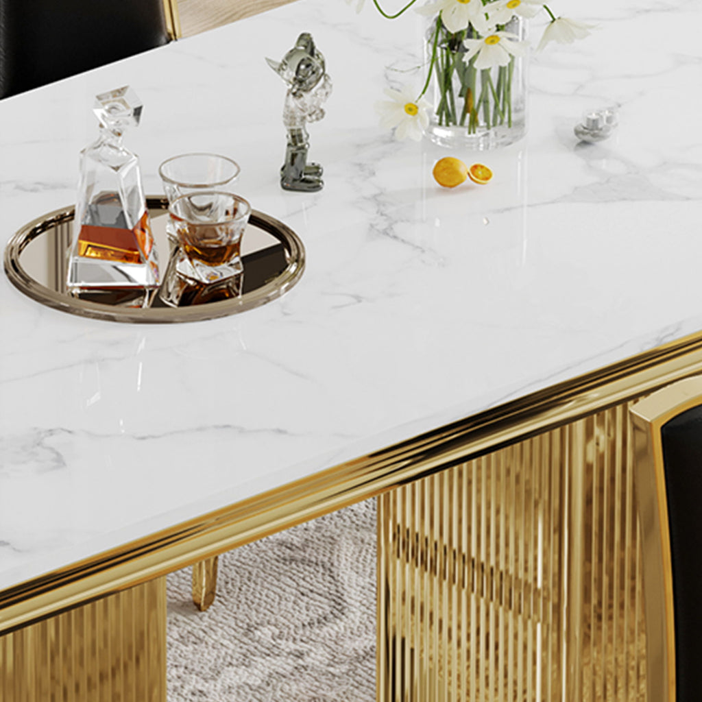 Marble Printed Top Rectangular Dining Table, Stainless Steel Base With Mirrored Finish