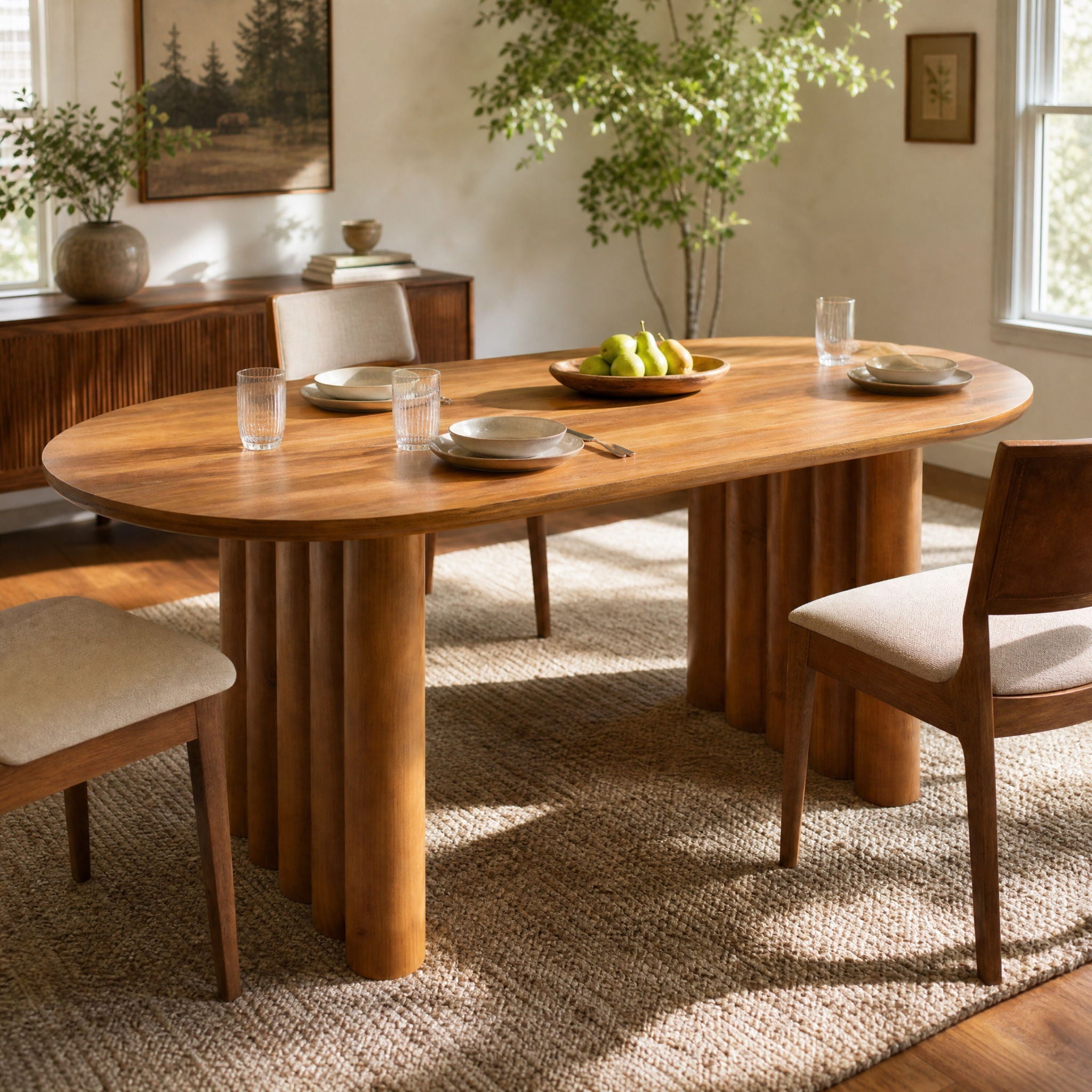 Oval Dining Table With Cylindrical Legs - Brown