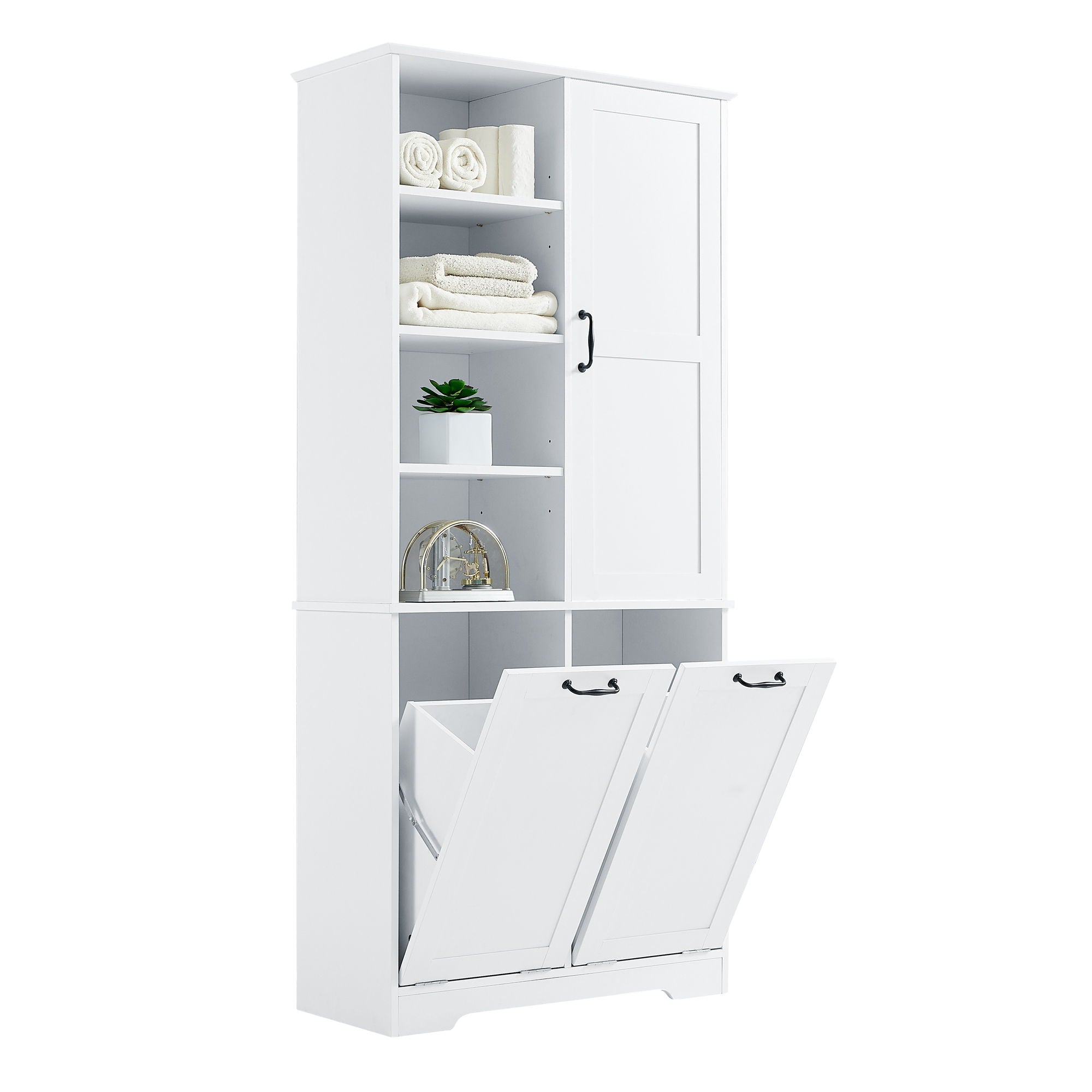 Freestanding Bathroom Storage Cabinet With Doors And Drawers, Adjustable Shelves, Tilt-Out Laundry Hamper
