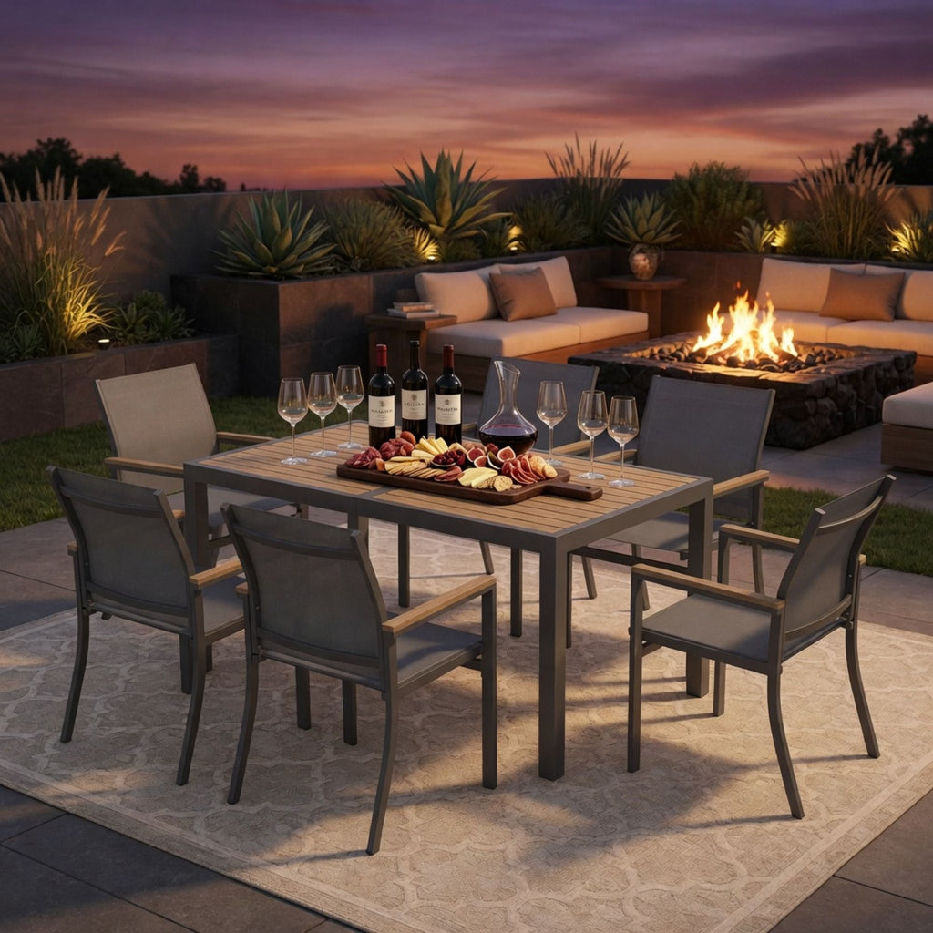 7 Piece Gray Aluminum Patio Dining Set With Textilene Chairs For Outdoor Living Frame With Accents, 59" Rectangle Table, All Weather Durable