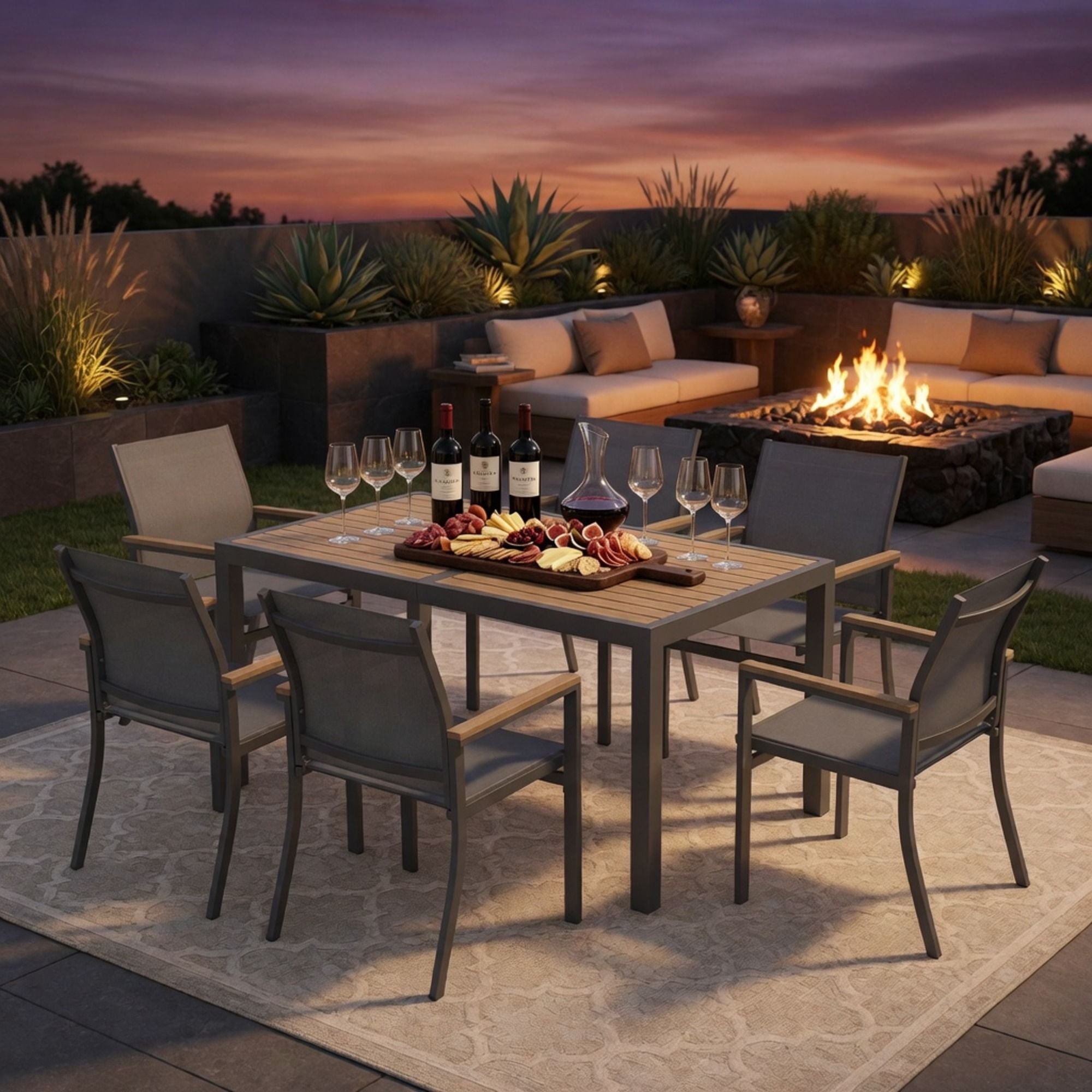 7 Piece Gray Aluminum Patio Dining Set With Textilene Chairs For Outdoor Living Frame With Accents, 59" Rectangle Table, All Weather Durable