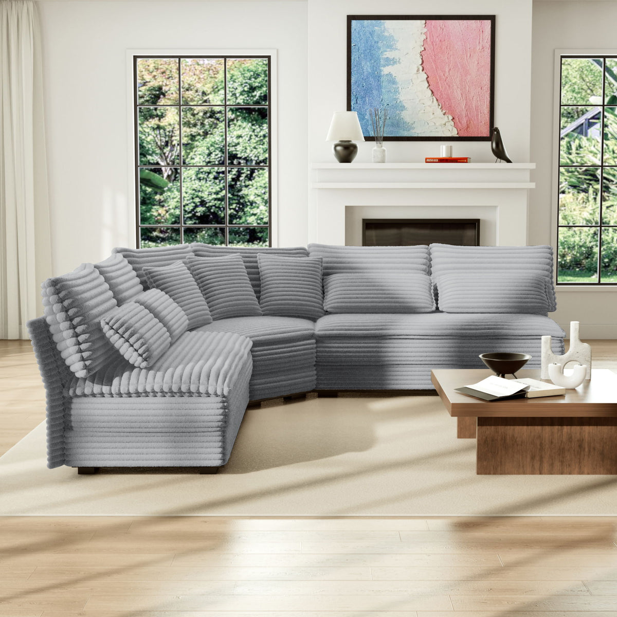 5 Seater L Shaped Sectional Sofa With Curved Corner, 7 Pillows
