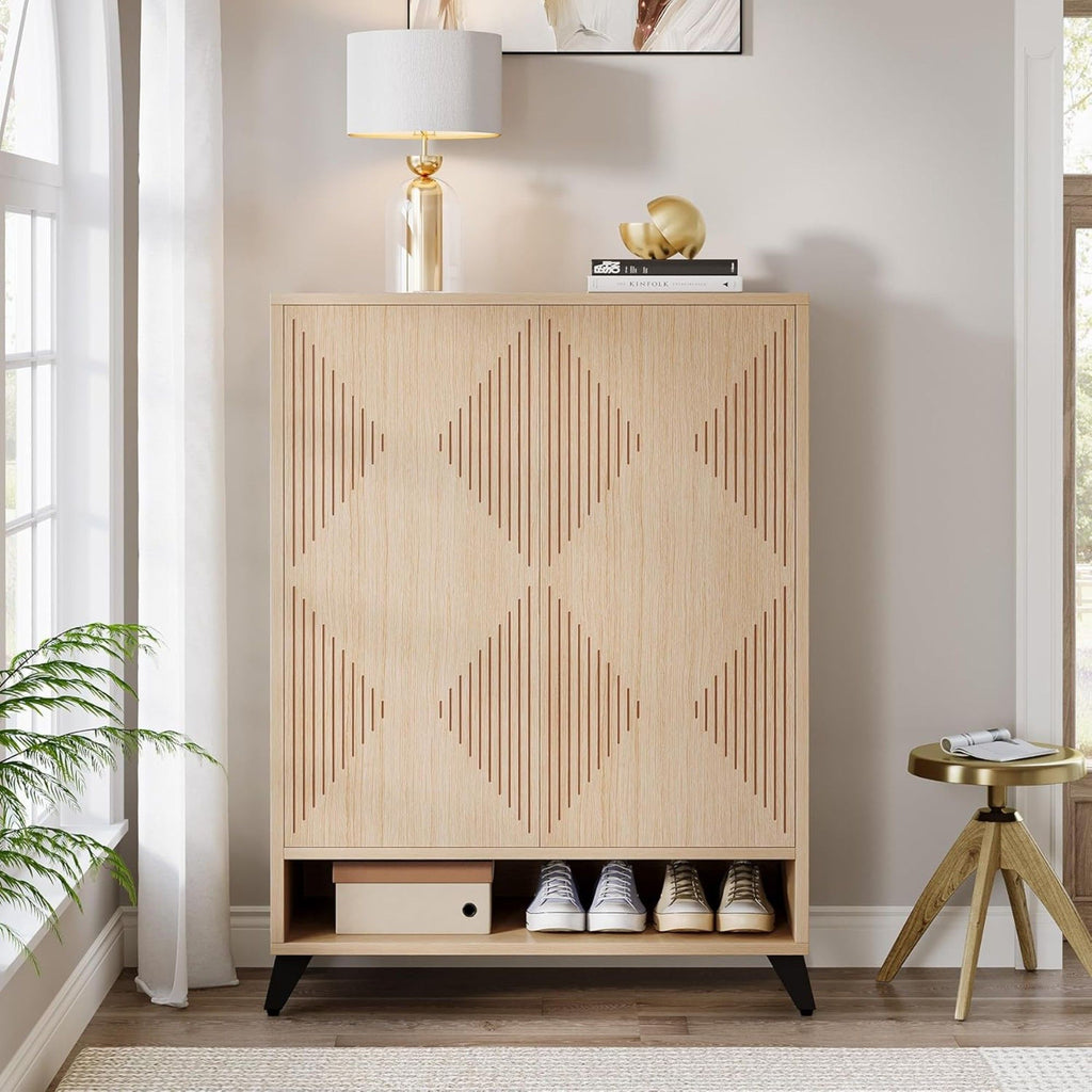 6 Tier Shoe Cabinet With Doors, Handle Free Push To Open Storage Unit For Entryway - Natural