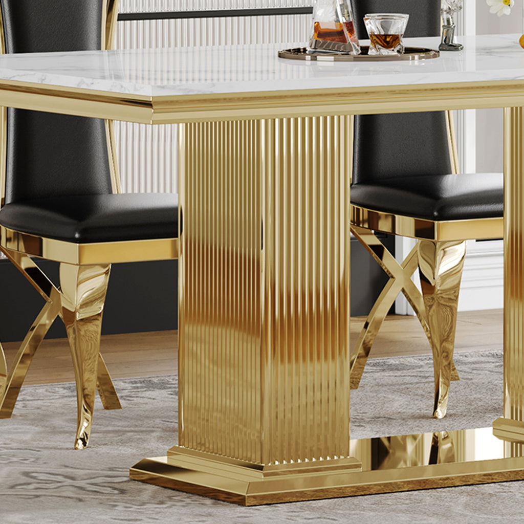 Marble Printed Top Rectangular Dining Table, Stainless Steel Base With Mirrored Finish