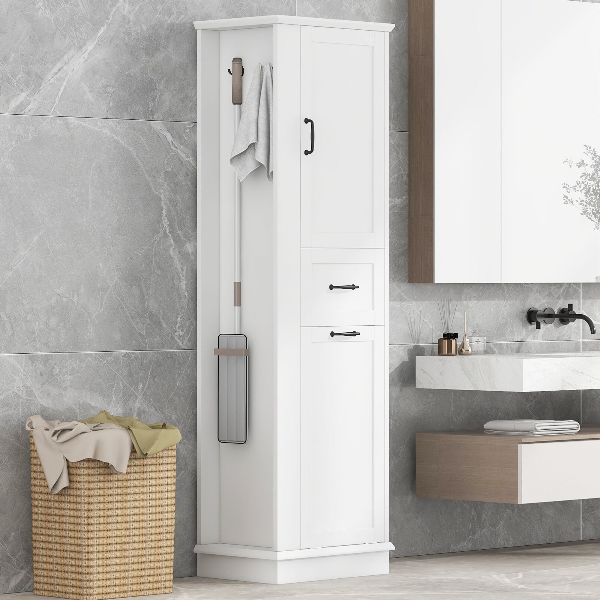 Modern Tall Storage Cabinet With Tilt-Out Compartment, Adjustable Shelves