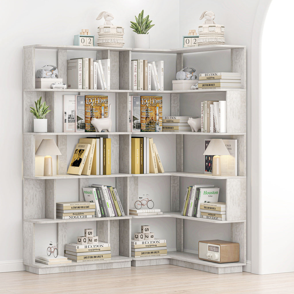 L-Shaped Corner Bookshelf 90Cm Extended Size 5 Tier Freestanding Display Shelf With Anti Tip Safety Features - Light Gray