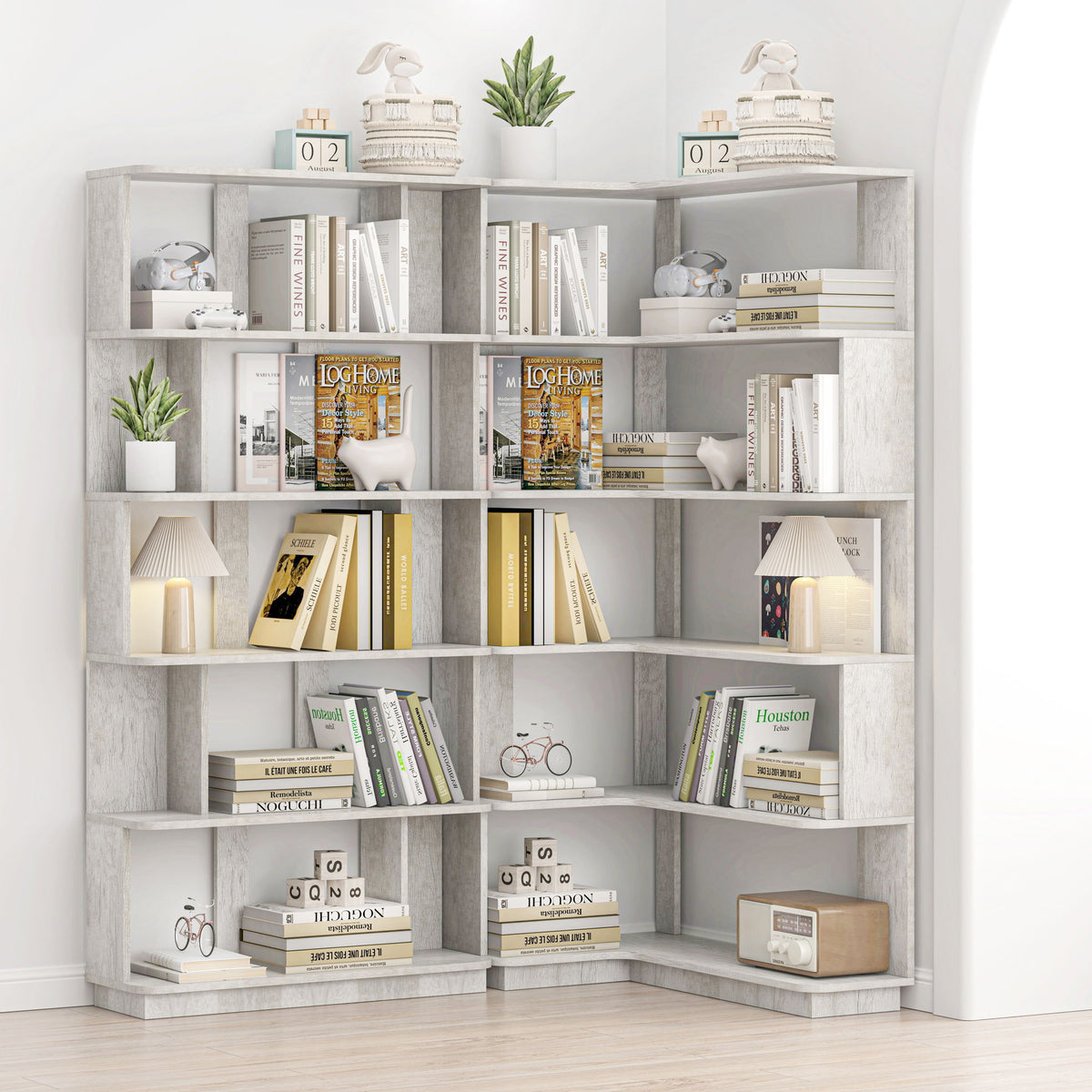 L-Shaped Corner Bookshelf 90Cm Extended Size 5 Tier Freestanding Display Shelf With Anti Tip Safety Features - Light Gray