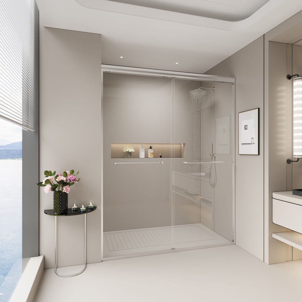 Double Sliding Shower Door, Semi-Frameless Bypass Bathroom Sliding Door With 1/4" (6 Mm) Tempered Glass For Walk-In Shower