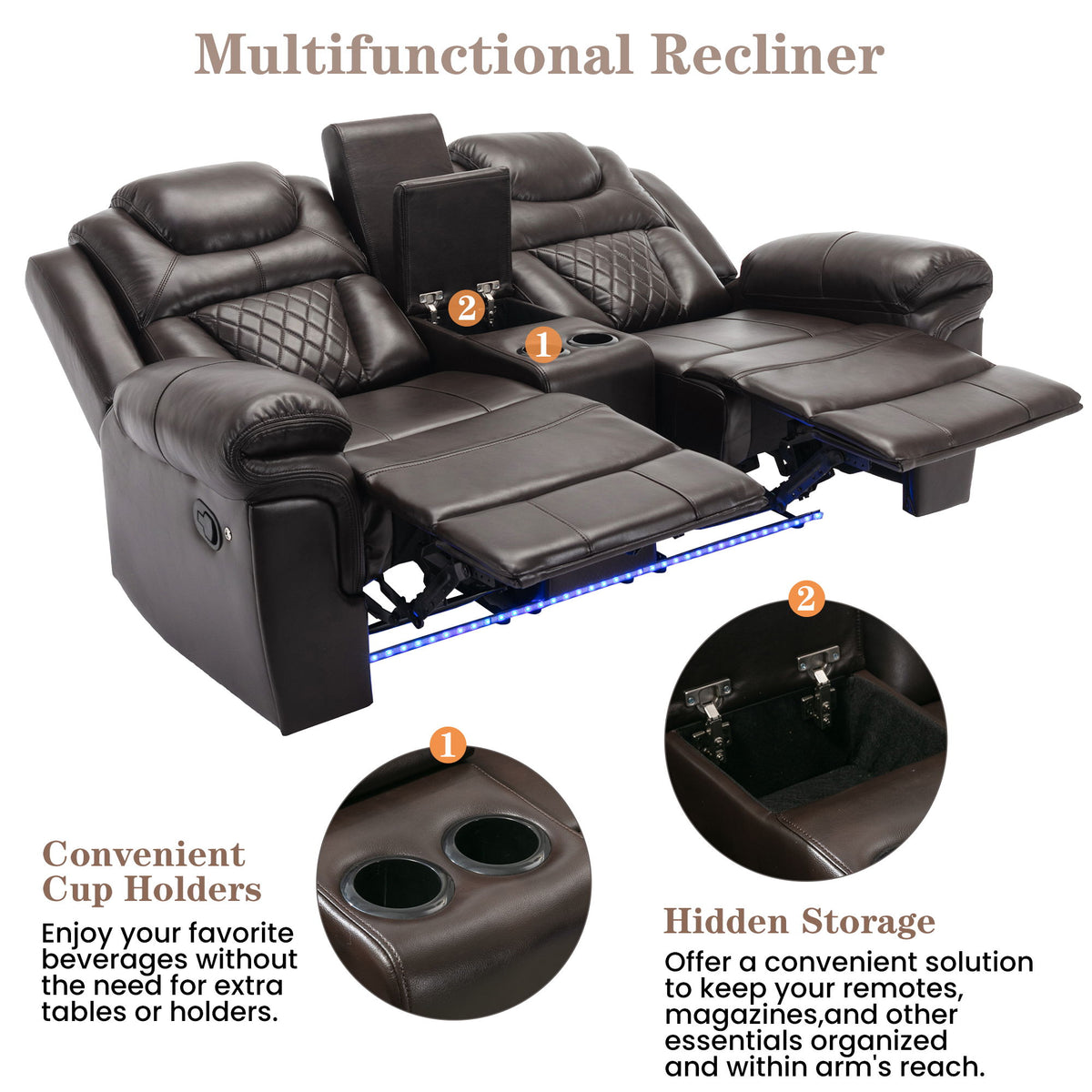 3 Pieces Recliner Sofa Sets Home Theater Seating Manual Recliner Chair & Center Console And LED Light Strip For Living Room - Brown